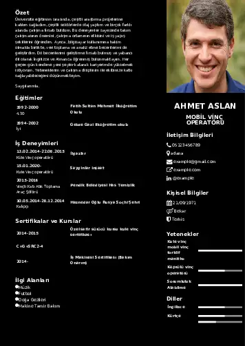 Vinç Operatörü Cv Örnekleri cv indir